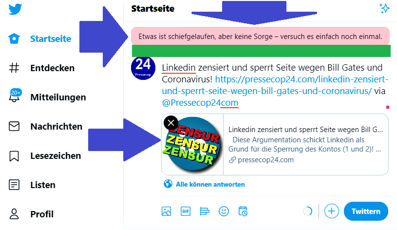 Twitter blockiert Veröffentlichung über Zensur und Sperrung der Seite Linkedin wegen Artikel von Bill Gates und Coronavirus!