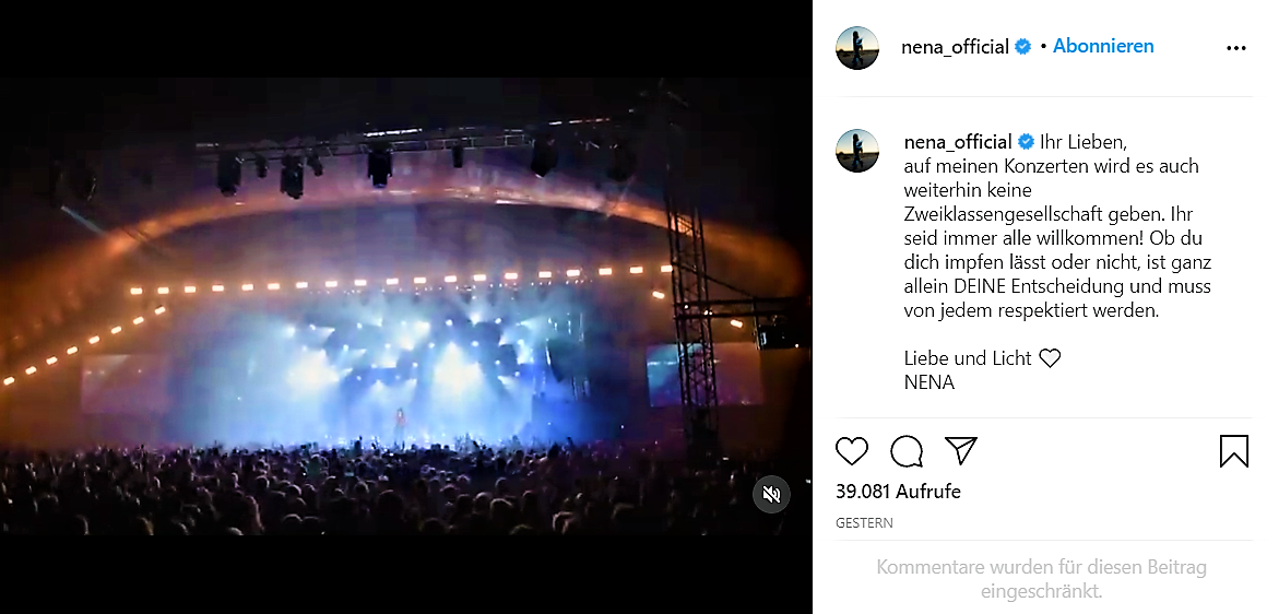 Sängerin Nena zeigt Flagge: Es sind auch ungeimpfte Personen auf ihren Konzerten willkommen!