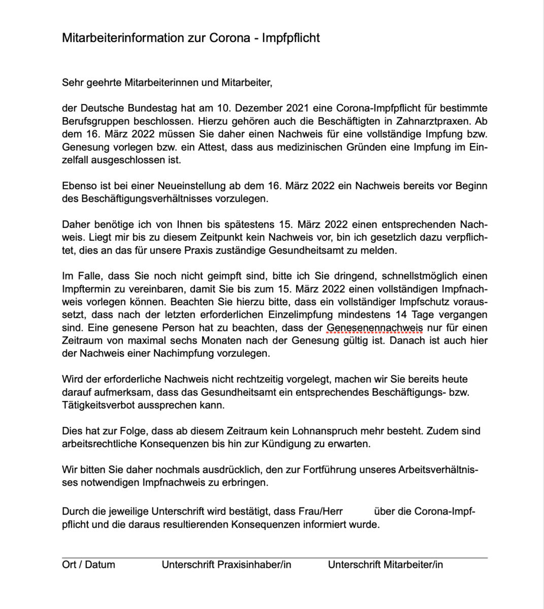 Landeszahnärztekammer in Hessen setzt Praxismitarbeiter unter Druck bis 16.03.2022 vollständig geimpft zu sein!
