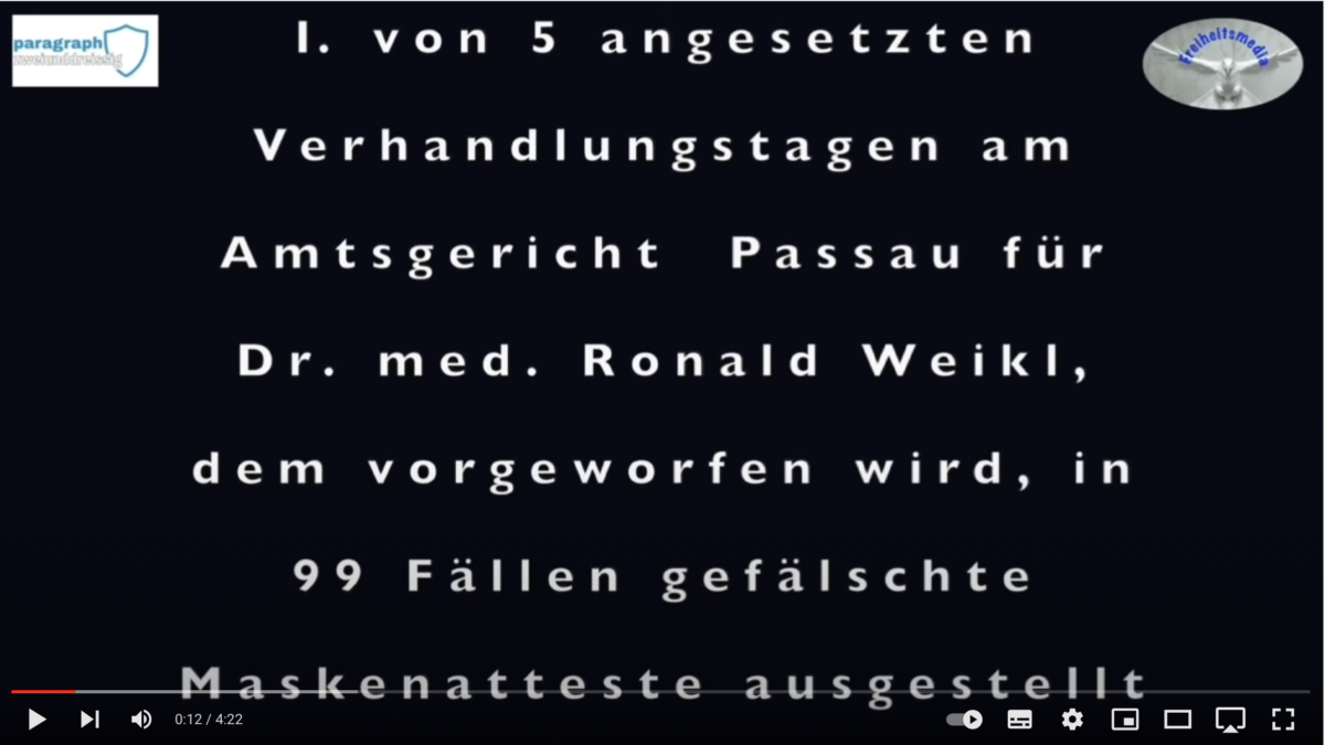 Hier die Impressionen vom Prozessauftakt gegen Dr. med. Ronald Weikl. Ihm wird vorgeworfen, in 99 Fällen gefälschte Maskenatteste ausgestellt zu haben!