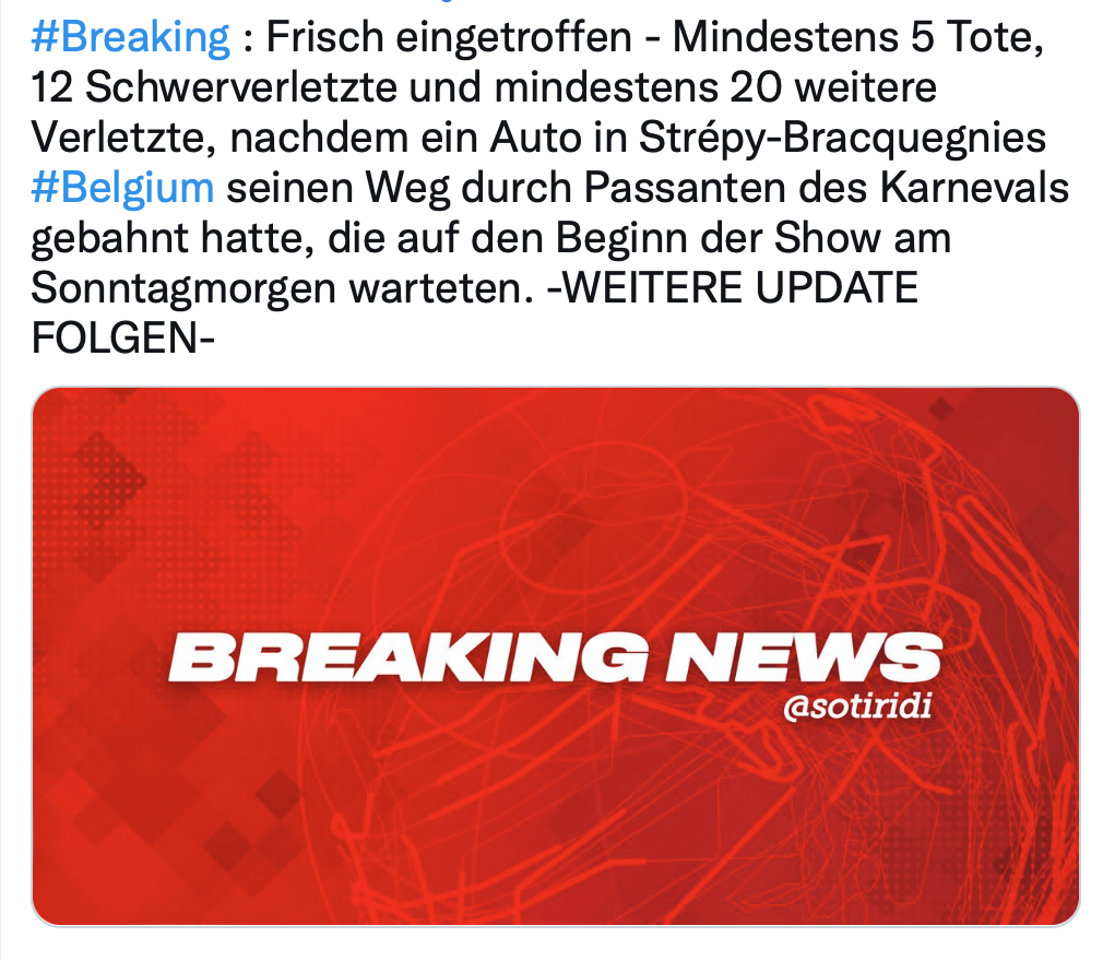 Terroranschlag in Belgien? Auto fährt in Menschengruppe, dabei sterben 5 Menschen und 12 sind schwer verletzt!