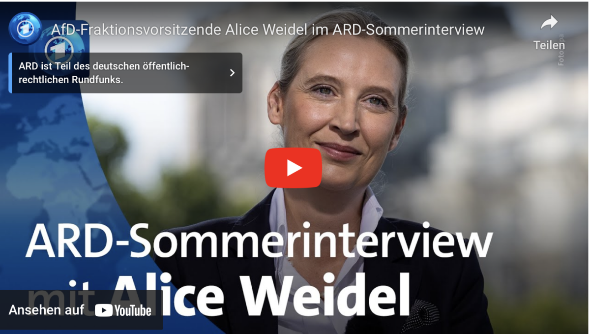 AfD-Fraktionsvorsitzende Alice Weidel im ARD-Sommerinterview