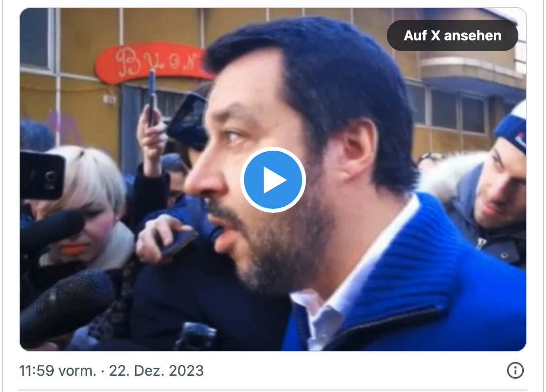 „Die islamische Erklärung der Menschenrechte besagt, dass Frauen weniger wert sind als Männer und dass das islamische Recht über dem italienischen Recht steht. Der Islam ist nicht mit unserer Freiheit und unseren Werten vereinbar“, sagt Lega-Chef Matteo Salvini.