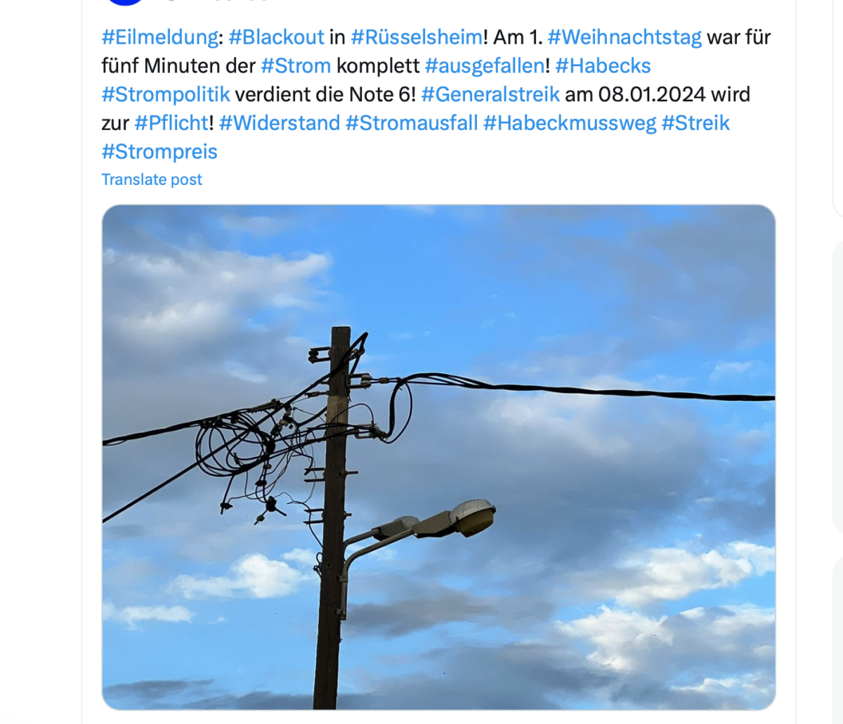 #Eilmeldung: #Blackout in #Rüsselsheim! Am 1. #Weihnachtstag war für fünf Minuten der #Strom komplett #ausgefallen! #Habecks #Strompolitik verdient die Note 6!