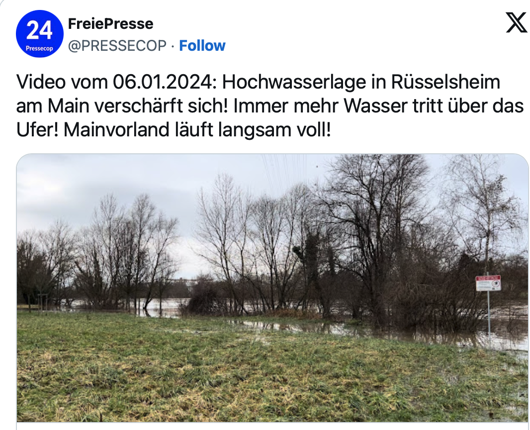 Video vom 06.01.2024: Hochwasserlage in Rüsselsheim am Main verschärft sich! Immer mehr Wasser tritt über das Ufer! Mainvorland läuft langsam voll!