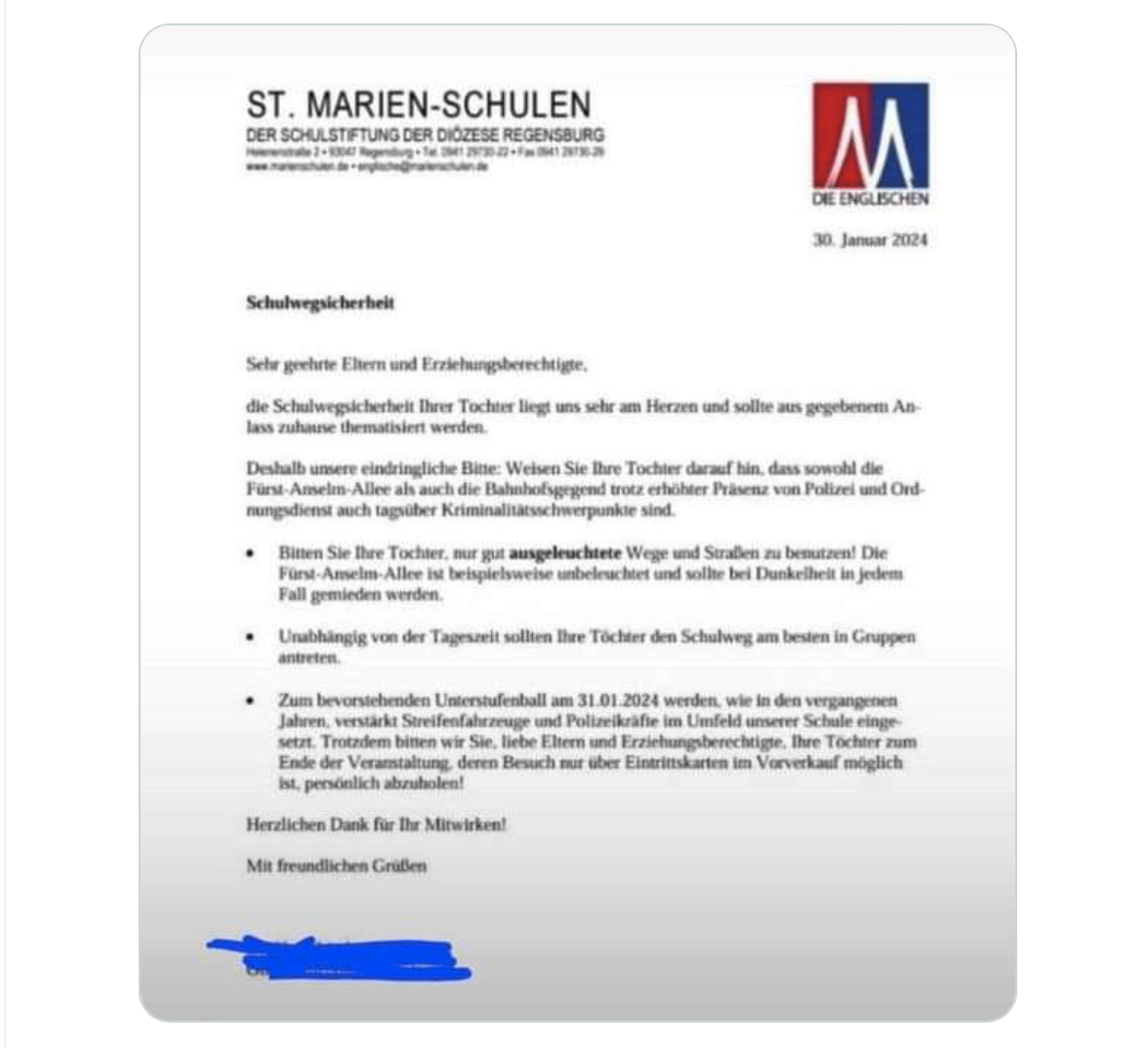Regensburger Schule warnt Schülerinnen vor dem gefährlichen Schulweg!