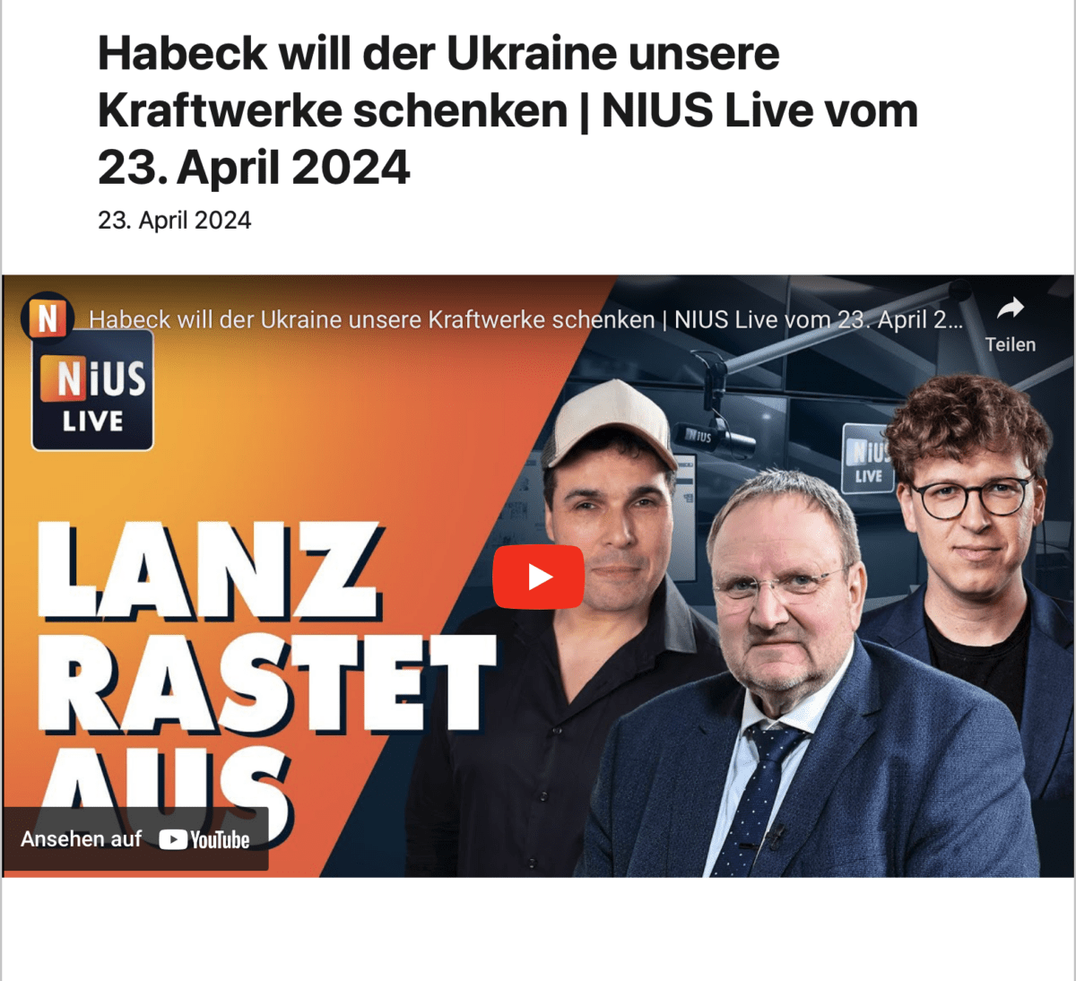 Habeck will der Ukraine unsere Kraftwerke schenken | NIUS Live vom 23. April 2024