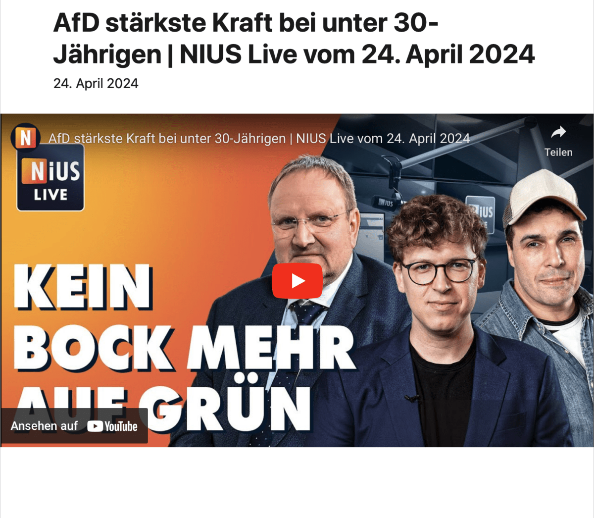 AfD stärkste Kraft bei unter 30-Jährigen | NIUS Live vom 24. April 2024