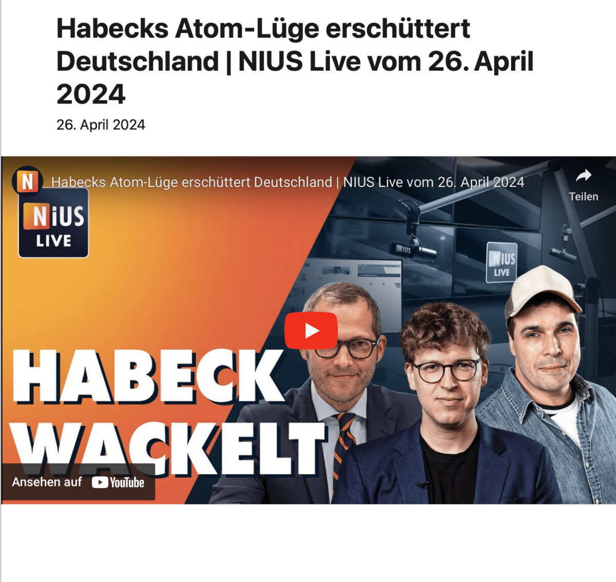 Habecks Atom-Lüge erschüttert Deutschland | NIUS Live vom 26. April 2024