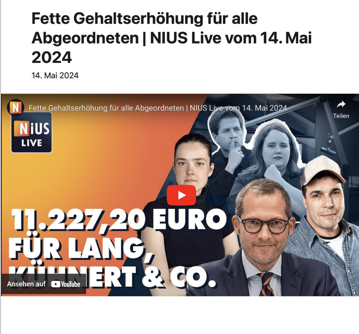 Fette Gehaltserhöhung für alle Abgeordneten | NIUS Live vom 14. Mai 2024