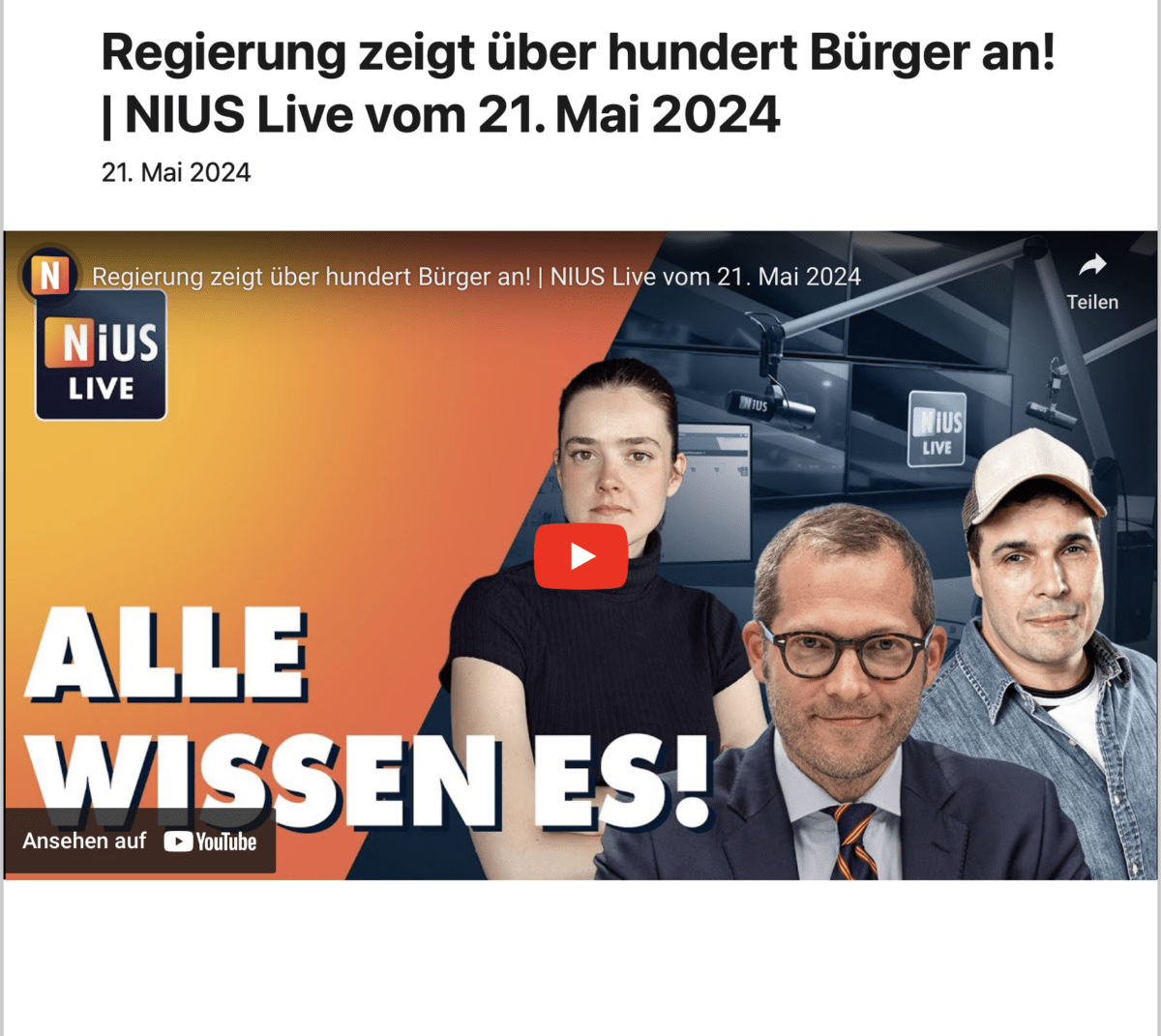 Regierung zeigt über hundert Bürger an! | NIUS Live vom 21. Mai 2024