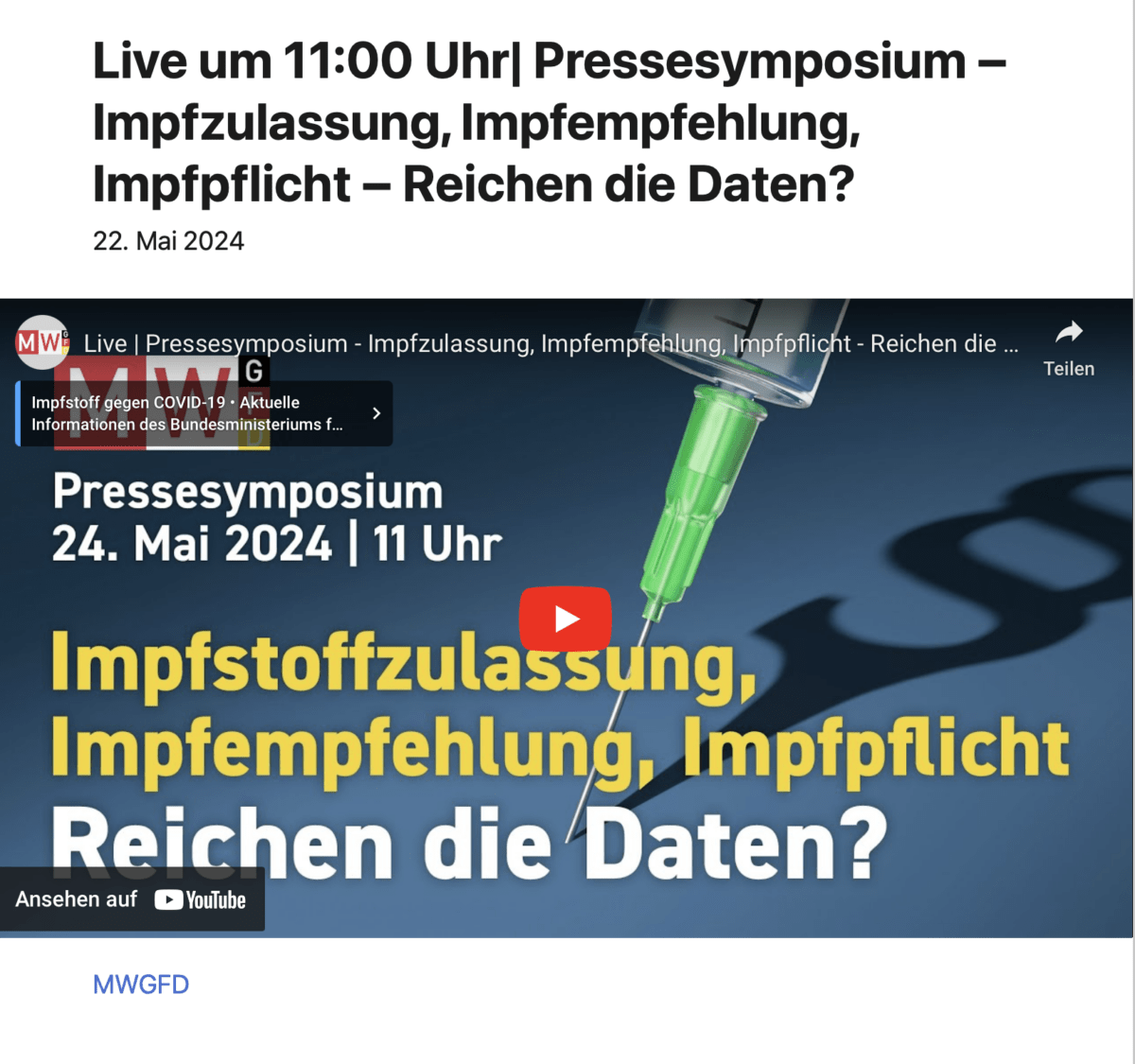 Live um 11:00 Uhr| Pressesymposium – Impfzulassung, Impfempfehlung, Impfpflicht – Reichen die Daten?