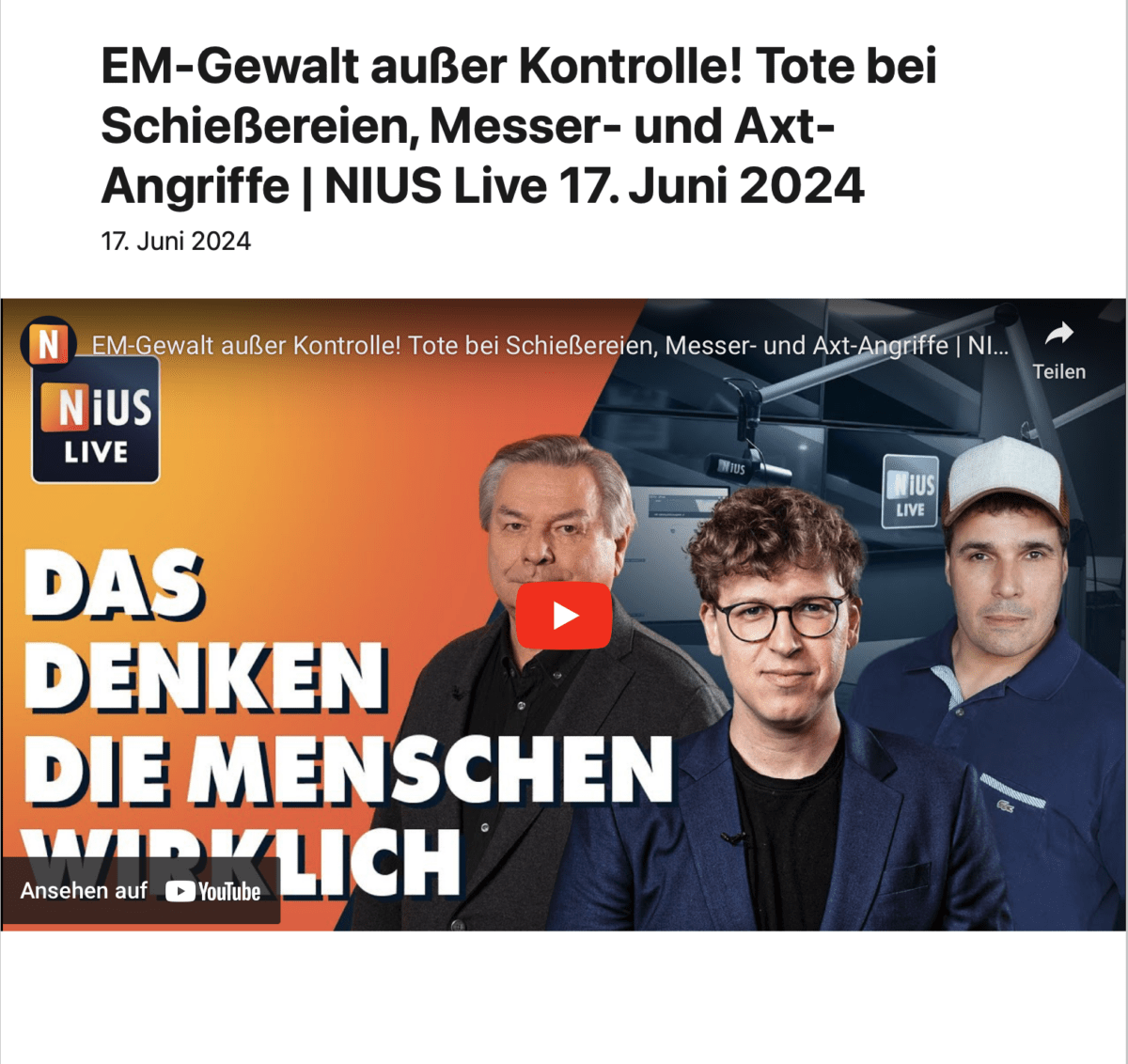 EM-Gewalt außer Kontrolle! Tote bei Schießereien, Messer- und Axt-Angriffe | NIUS Live 17. Juni 2024
