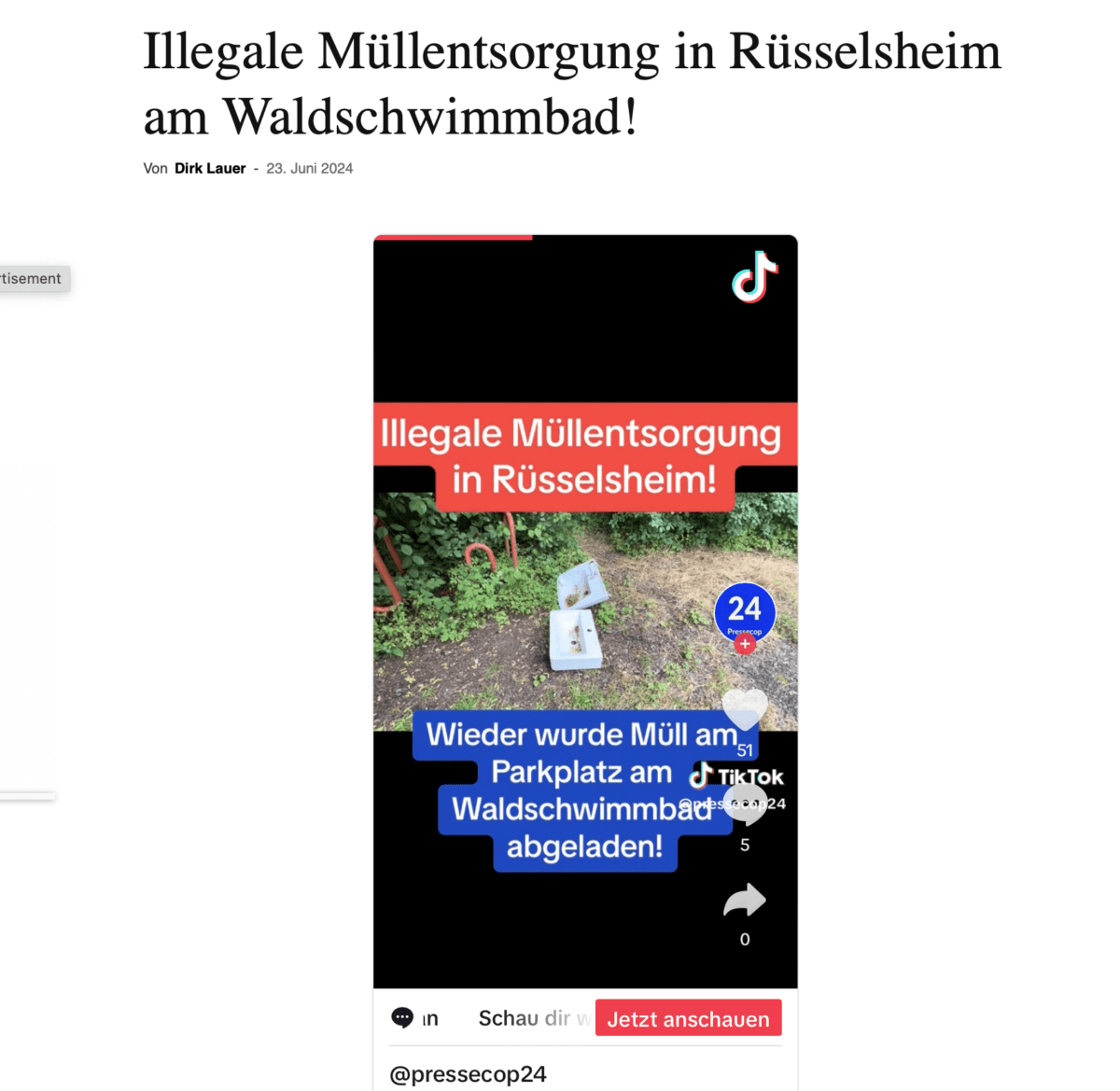 Illegale Müllentsorgung in Rüsselsheim am Waldschwimmbad!