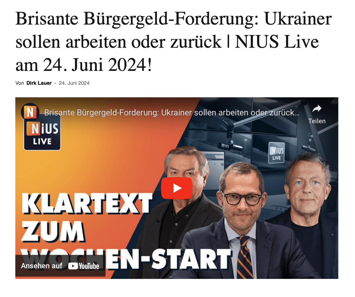 Brisante Bürgergeld-Forderung: Ukrainer sollen arbeiten oder zurück | NIUS Live am 24. Juni 2024!