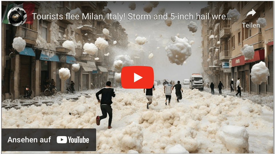 Touristen fliehen aus Mailand, Italien! Sturm und 12 cm großer Hagel verwüsten Straßen und Fahrzeuge