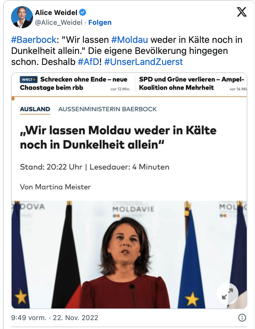 #Baerbock: „Wir lassen #Moldau weder in Kälte noch in Dunkelheit allein.“ Die eigene Bevölkerung hingegen schon.