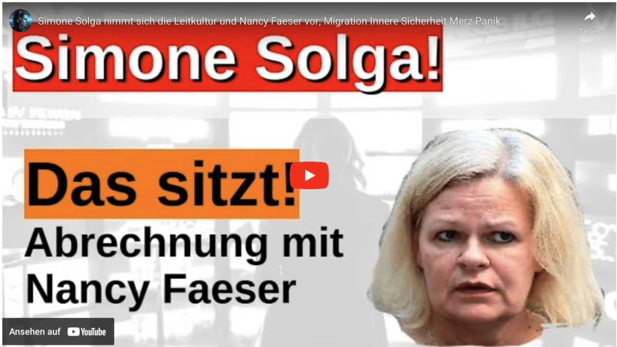 Simone Solga nimmt sich die Leitkultur und Nancy Faeser vor; Migration Innere Sicherheit Merz Panik