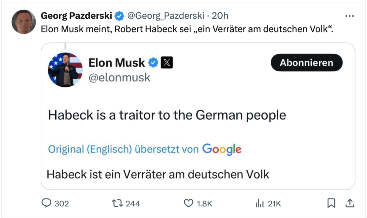 Elon Musk Aussage: Habeck ist ein Verräter am deutschen Volk!