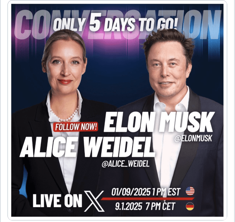 Nur noch 5 Tage! Am 9. Januar ab 19 Uhr findet der angekündigte Space mit Elon Musk und Alice Weidel auf X statt.