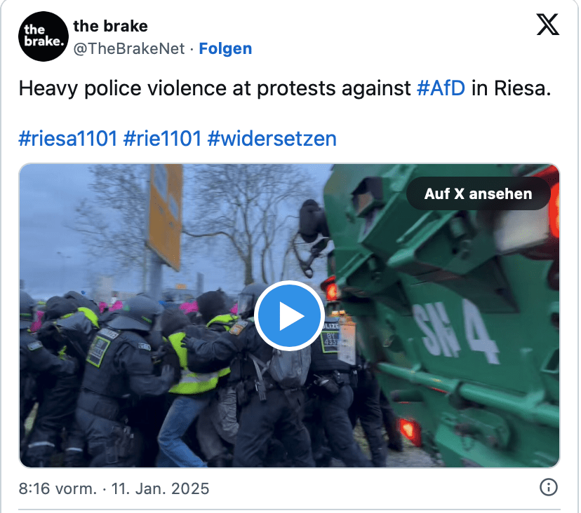 Schwere Polizeigewalt bei Protesten von Demokratie-Feinden gegen #AfD-Parteitag in Riesa.