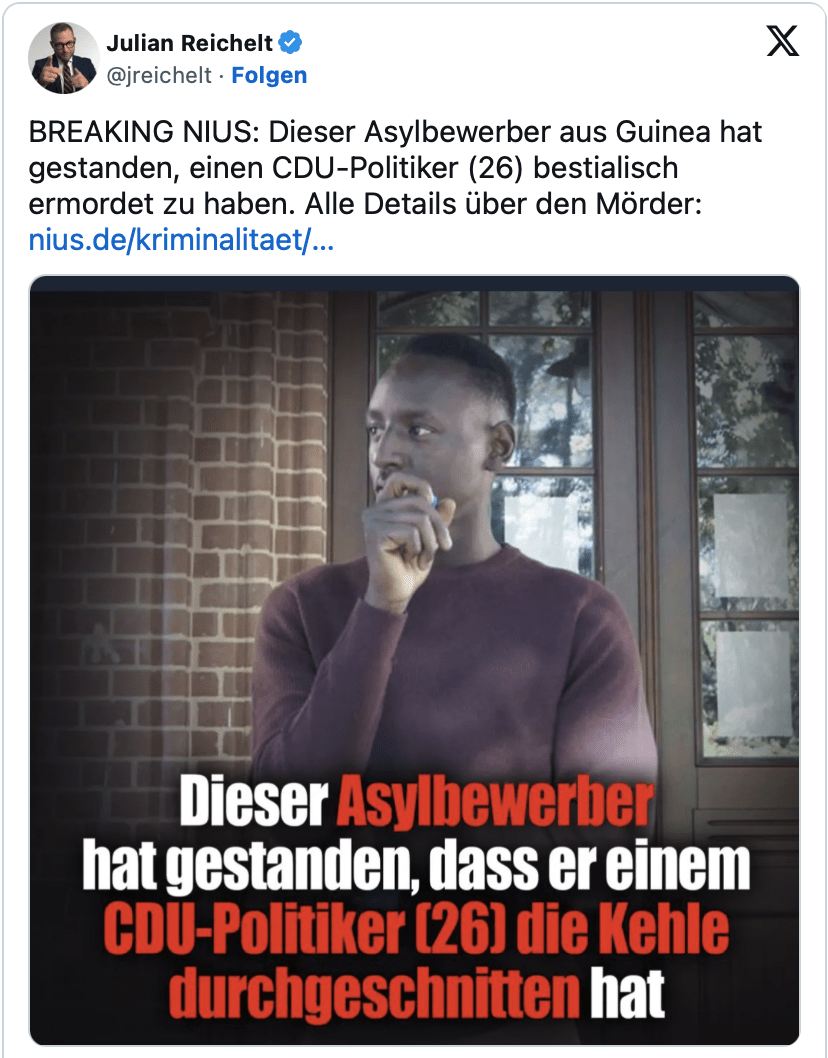 BREAKING NIUS: Dieser Asylbewerber aus Guinea hat gestanden, einen CDU-Politiker (26) bestialisch ermordet zu haben!