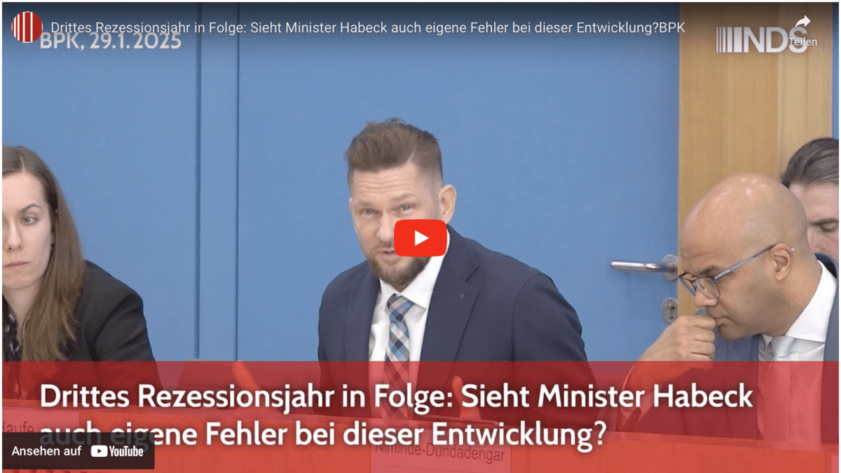 Drittes Rezessionsjahr in Folge: Sieht Minister Habeck auch eigene Fehler bei dieser Entwicklung?BPK