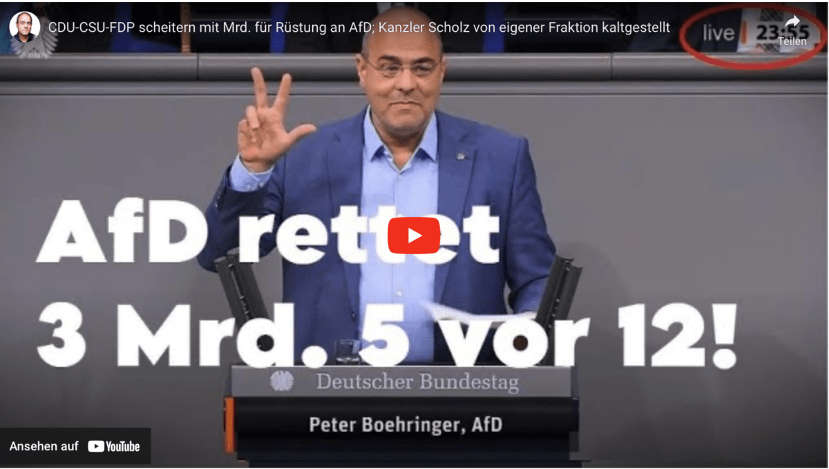 CDU-CSU-FDP scheitern mit Mrd. für Rüstung an AfD; Kanzler Scholz von eigener Fraktion kaltgestellt