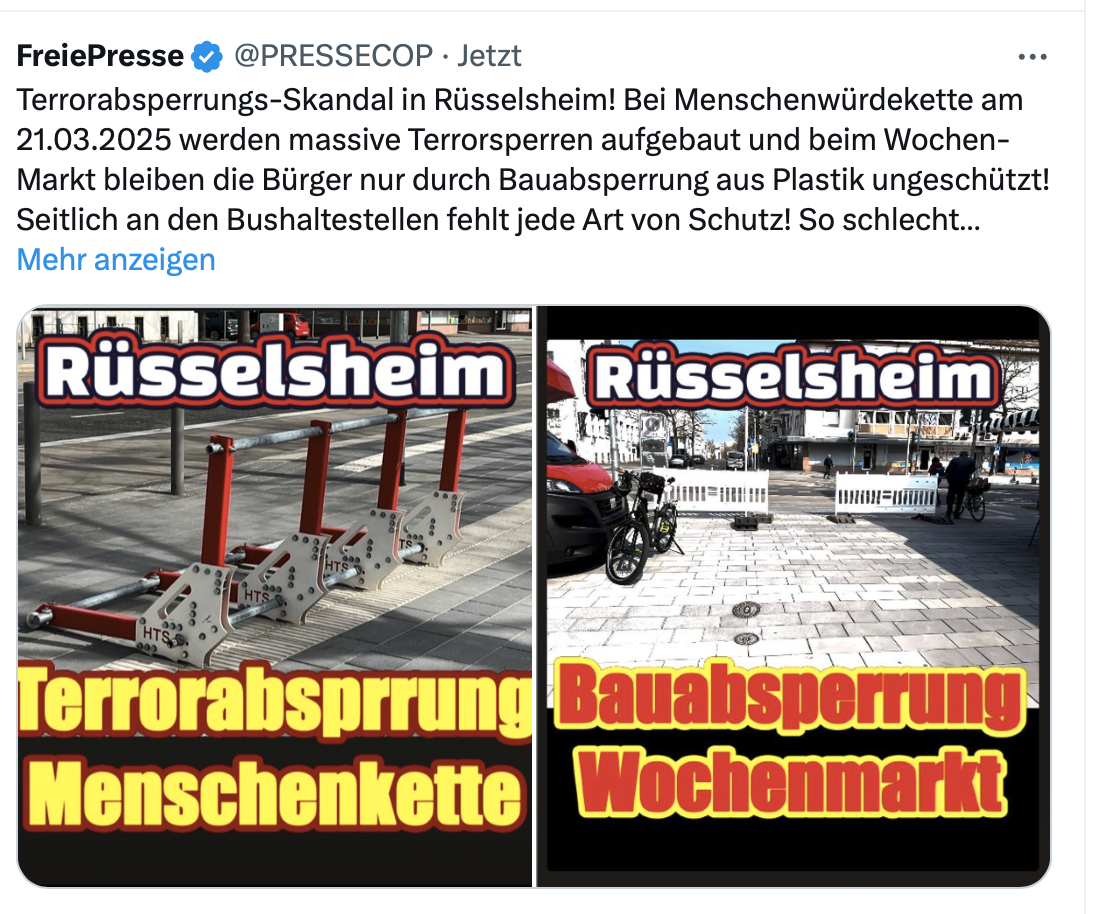 Terror-Absperrungs-Skandal in Rüsselsheim! Menschwürdekette wird mit Terror-Sperren geschütz, Wochenmarkt bleibt ungeschützt!