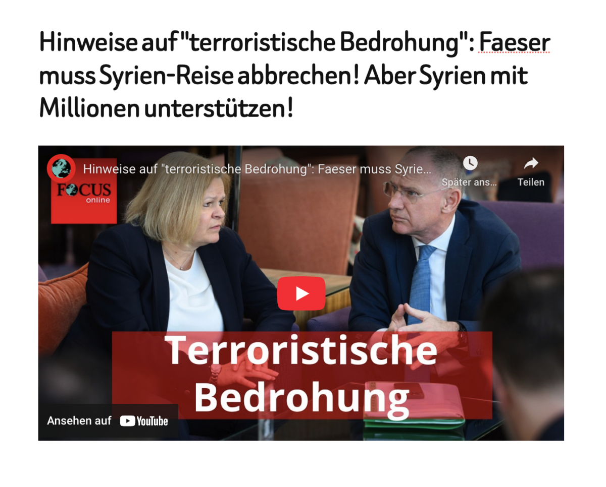 Hinweise auf „terroristische Bedrohung“: Faeser muss Syrien-Reise abbrechen! Aber Syrien mit Millionen unterstützen!