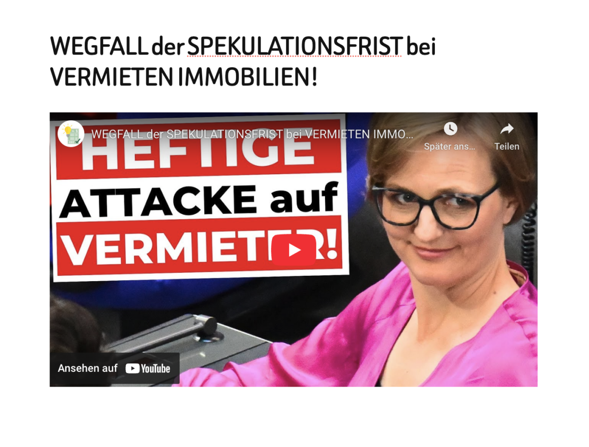 WEGFALL der SPEKULATIONSFRIST bei VERMIETEN IMMOBILIEN!