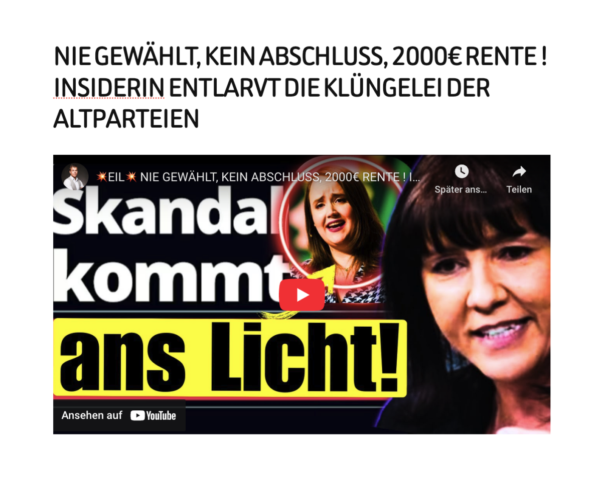 NIE GEWÄHLT, KEIN ABSCHLUSS, 2000€ RENTE ! INSIDERIN ENTLARVT DIE KLÜNGELEI DER ALTPARTEIEN