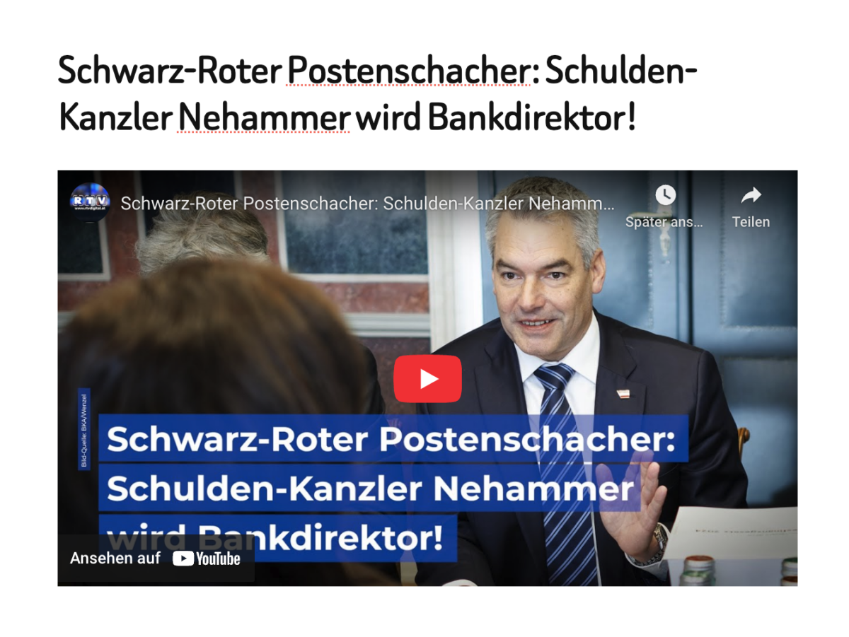 Schwarz-Roter Postenschacher: Schulden-Kanzler Nehammer wird Bankdirektor!