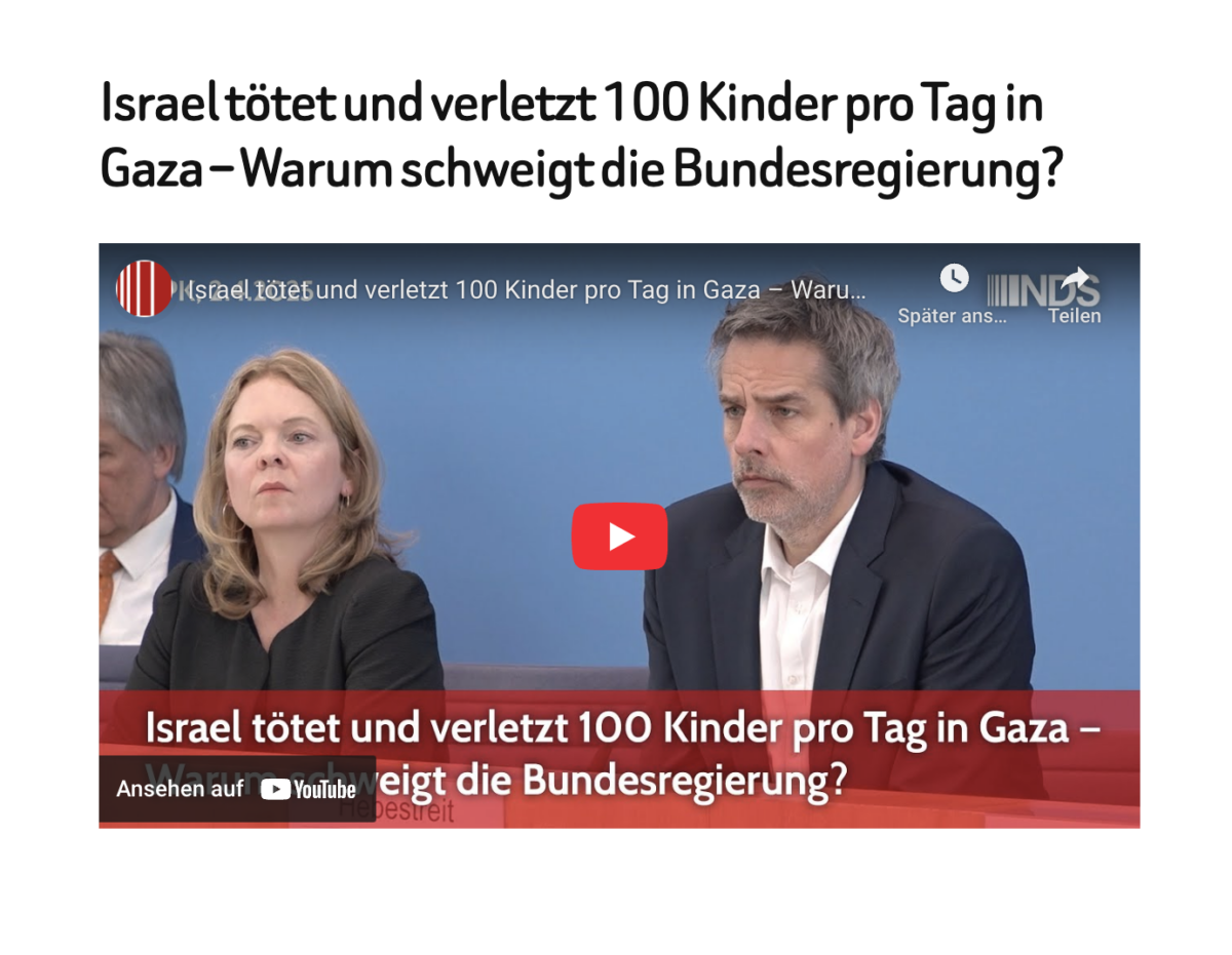 Israel tötet und verletzt 100 Kinder pro Tag in Gaza – Warum schweigt die Bundesregierung? 