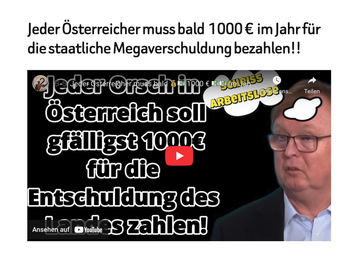 Jeder Österreicher muss bald  1000 €  im Jahr für die staatliche Megaverschuldung bezahlen!!