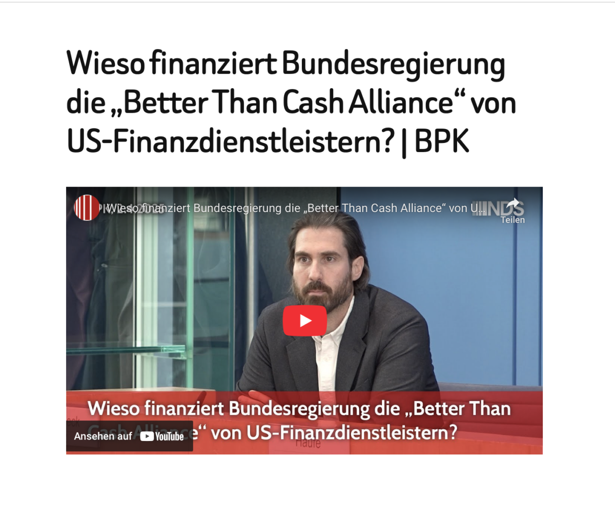 Wieso finanziert Bundesregierung die „Better Than Cash Alliance“ von US-Finanzdienstleistern? | BPK