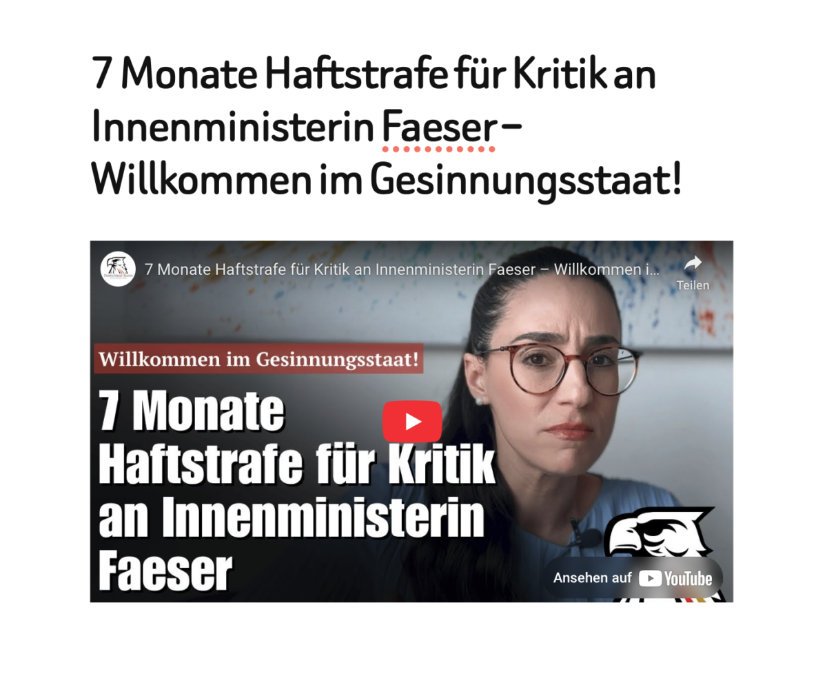 7 Monate Haftstrafe für Kritik an Innenministerin Faeser – Willkommen im Gesinnungsstaat!
