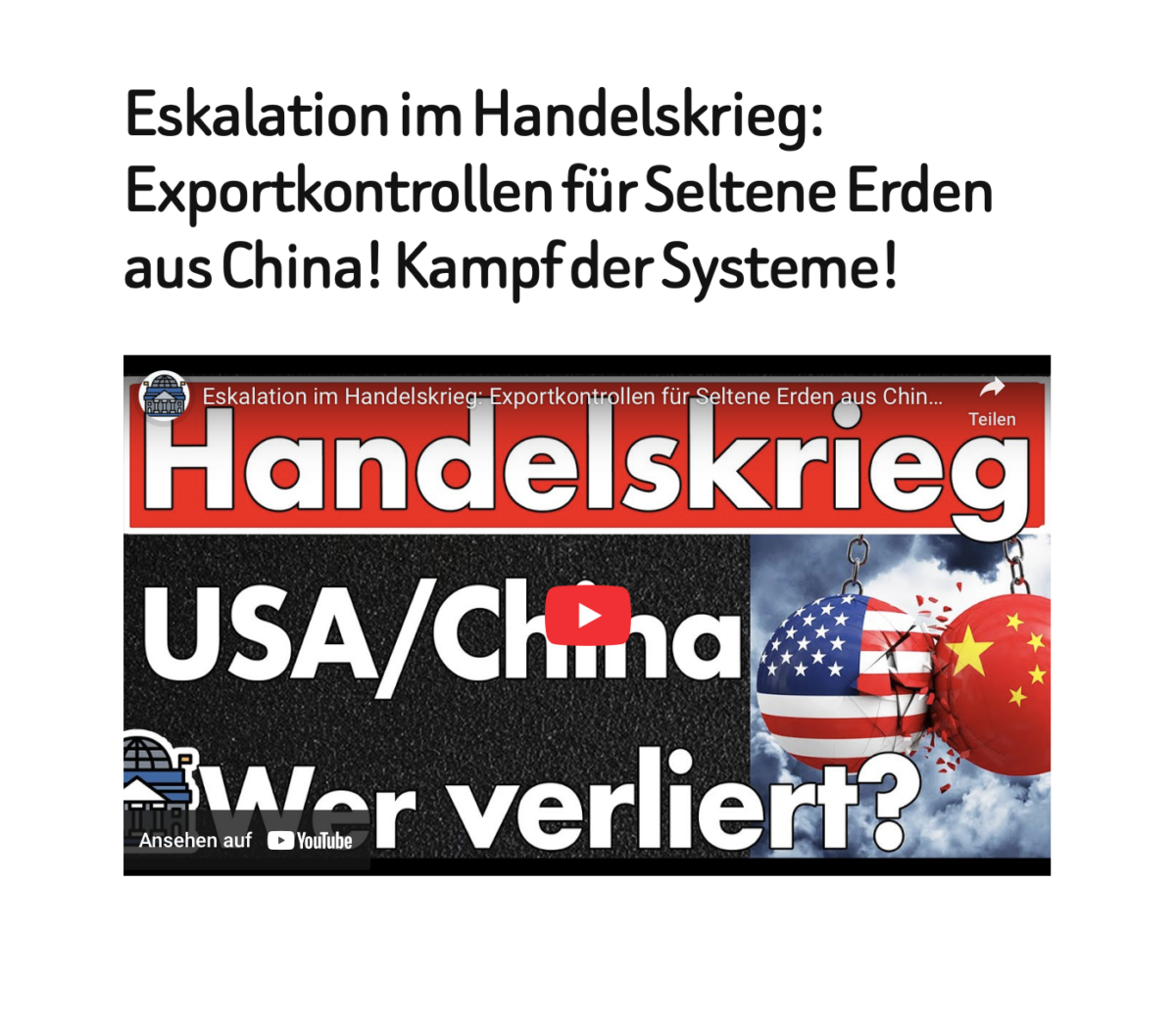 Eskalation im Handelskrieg: Exportkontrollen für Seltene Erden aus China! Kampf der Systeme!