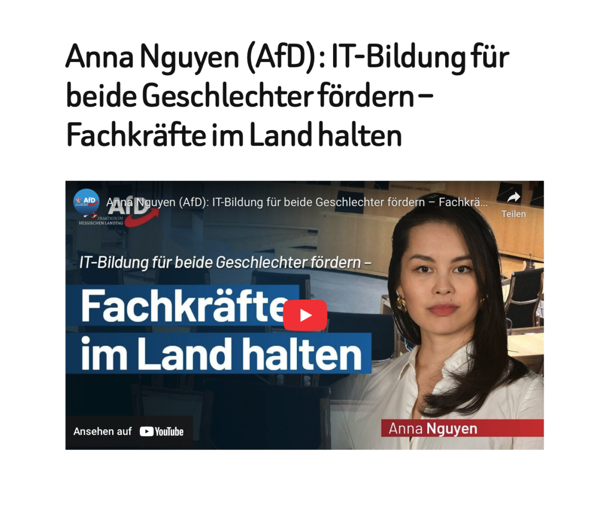 Anna Nguyen (AfD): IT-Bildung für beide Geschlechter fördern – Fachkräfte im Land halten
