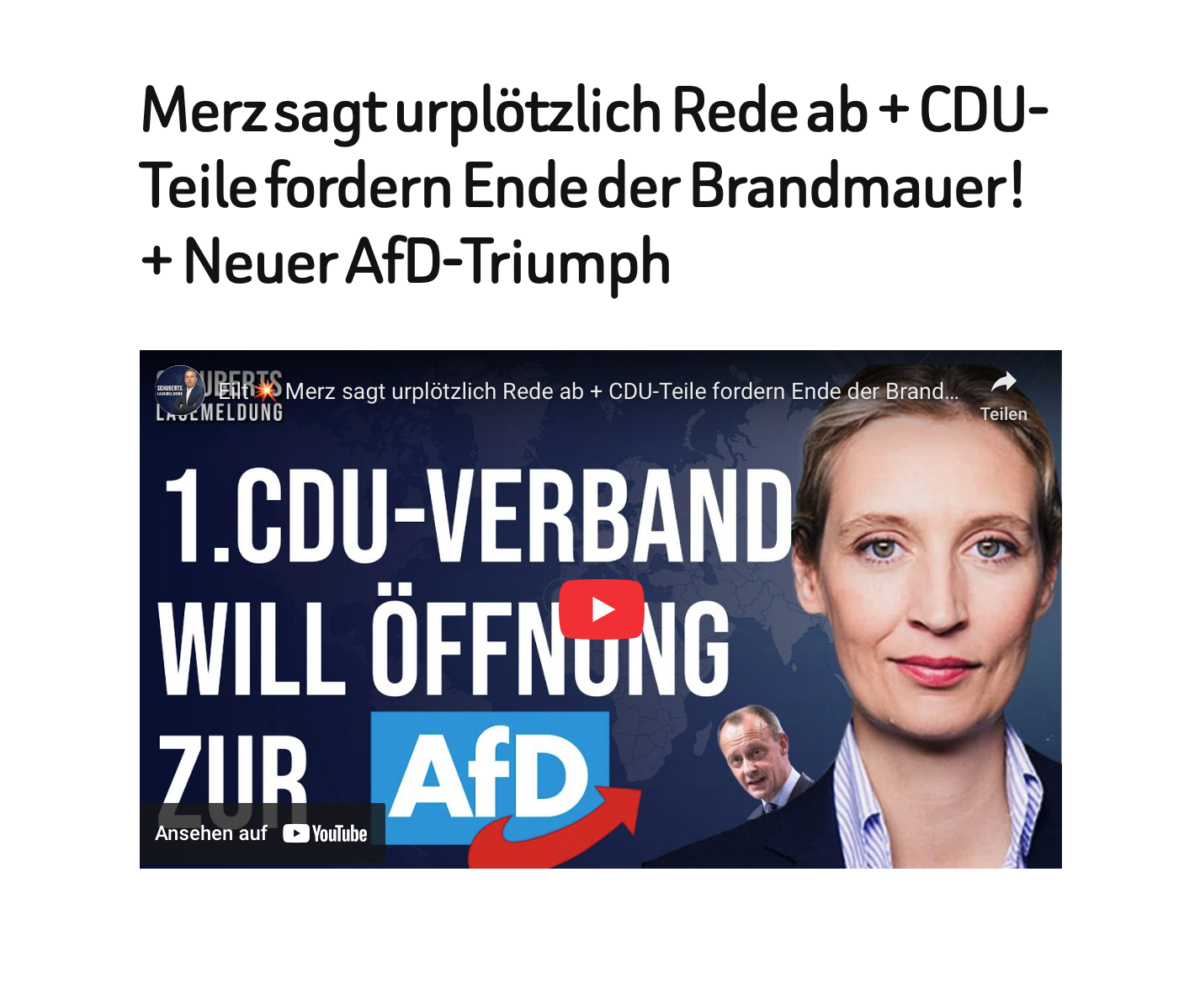 Merz sagt urplötzlich Rede ab + CDU-Teile fordern Ende der Brandmauer! + Neuer AfD-Triumph
