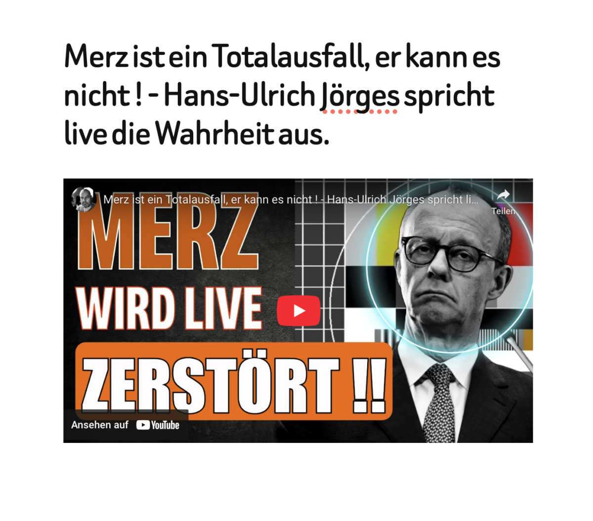 Merz ist ein Totalausfall, er kann es nicht ! – Hans-Ulrich Jörges spricht live die Wahrheit aus.