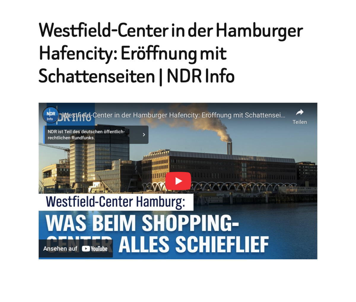 Westfield-Center in der Hamburger Hafencity: Eröffnung mit Schattenseiten | NDR Info