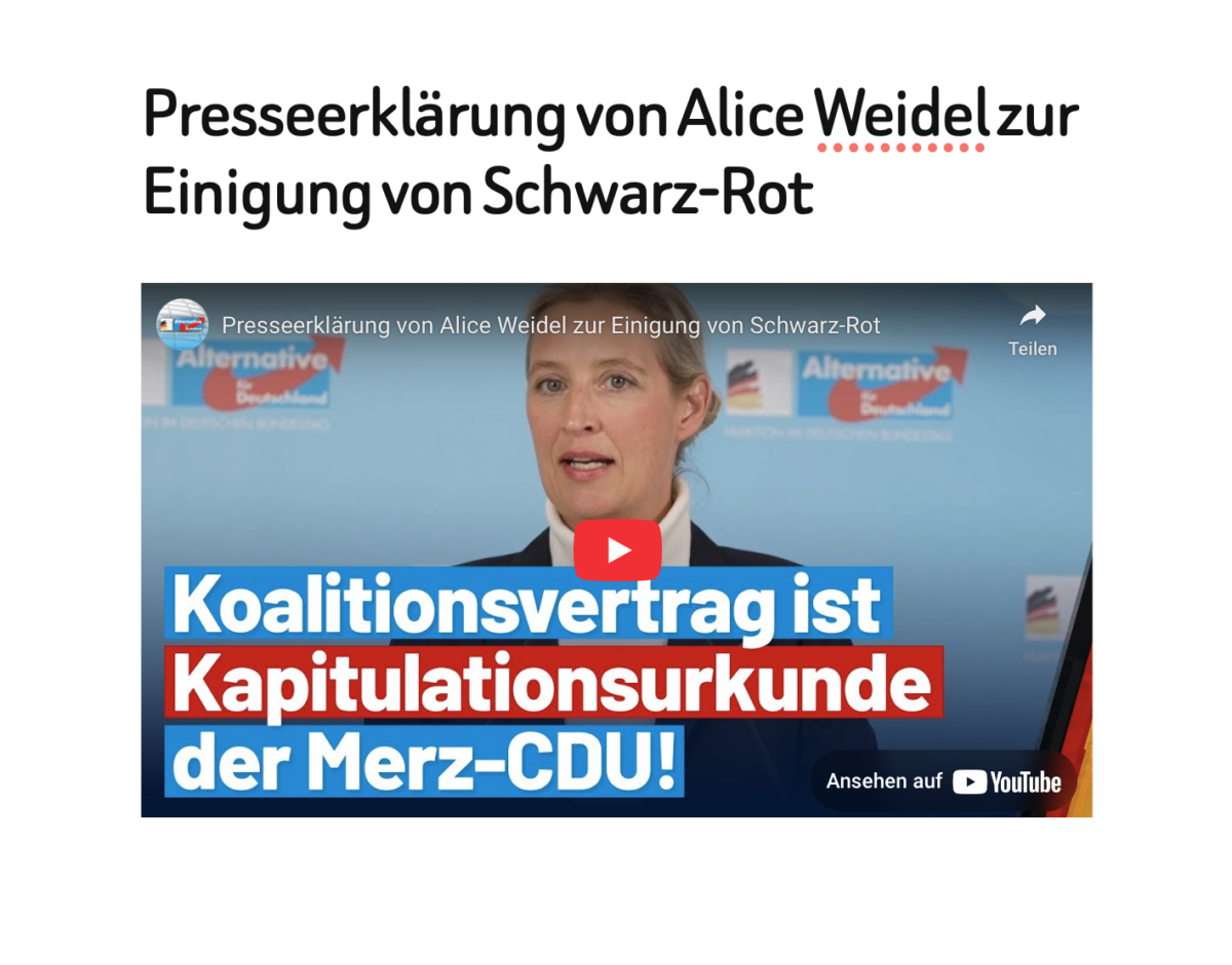 Presseerklärung von Alice Weidel zur Einigung von Schwarz-Rot
