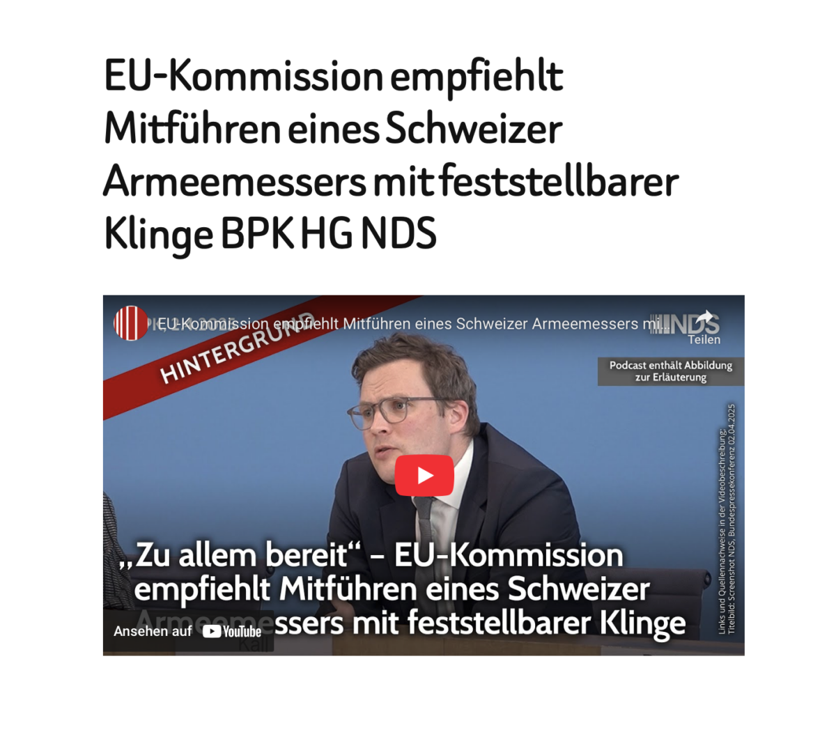 EU-Kommission empfiehlt Mitführen eines Schweizer Armeemessers mit feststellbarer Klinge BPK HG NDS