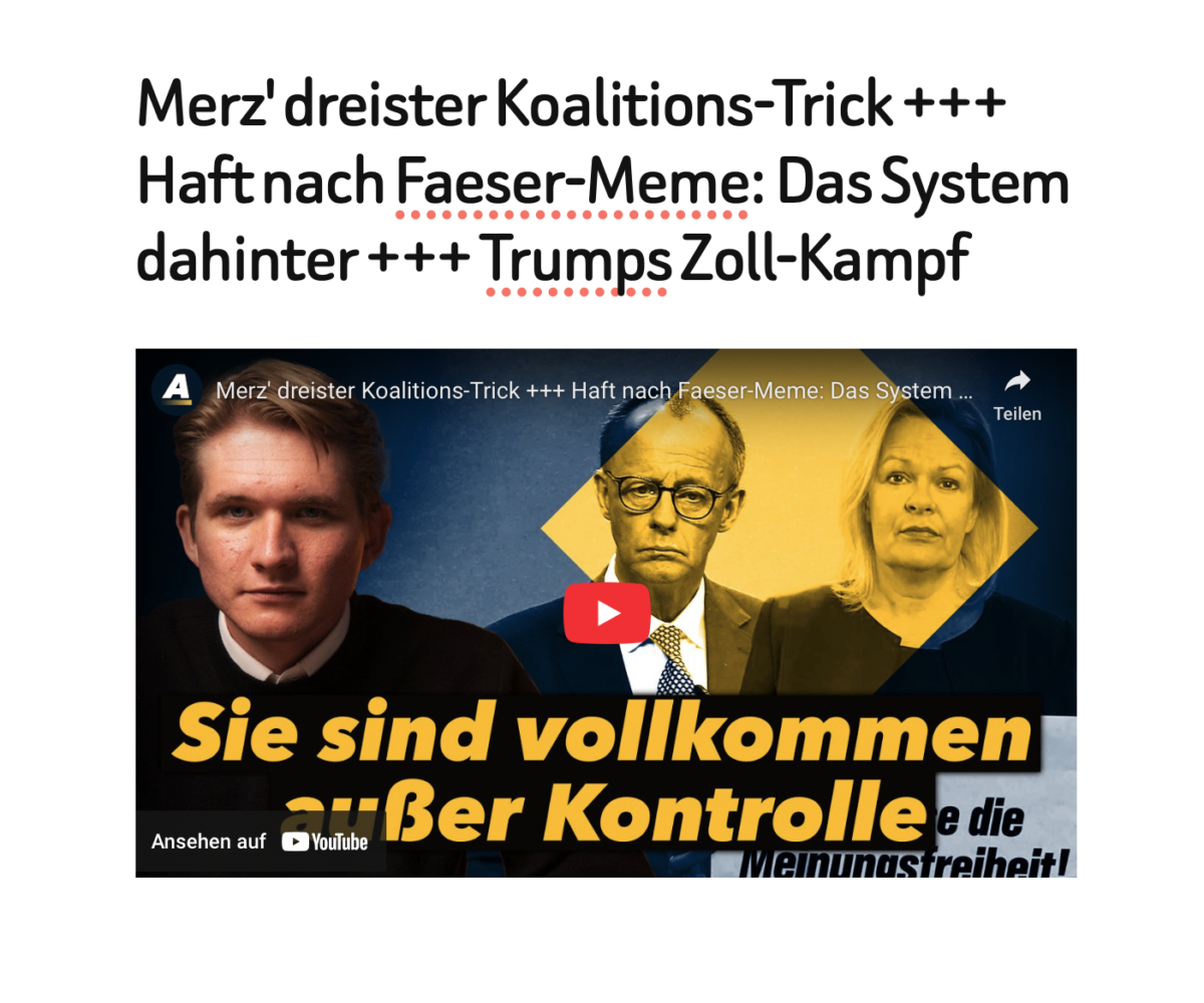 Merz‘ dreister Koalitions-Trick +++ Haft nach Faeser-Meme: Das System dahinter +++ Trumps Zoll-Kampf