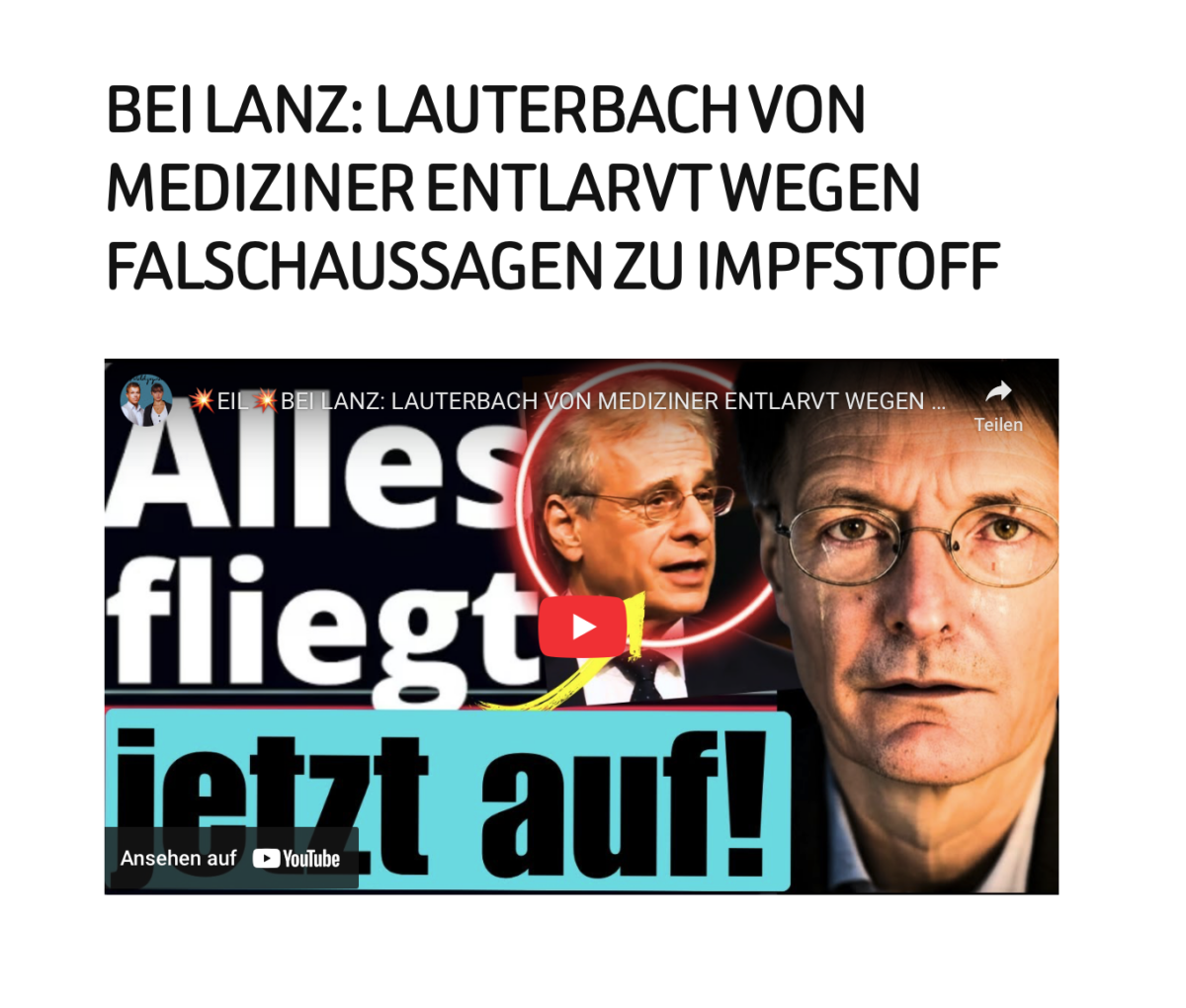 BEI LANZ: LAUTERBACH VON MEDIZINER ENTLARVT WEGEN FALSCHAUSSAGEN ZU IMPFSTOFF