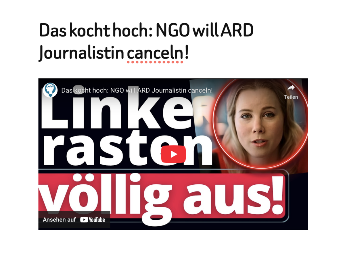 Das kocht hoch: NGO will ARD Journalistin canceln!