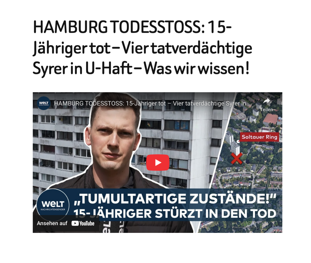 HAMBURG TODESSTOSS: 15-Jähriger tot – Vier tatverdächtige Syrer in U-Haft – Was wir wissen!