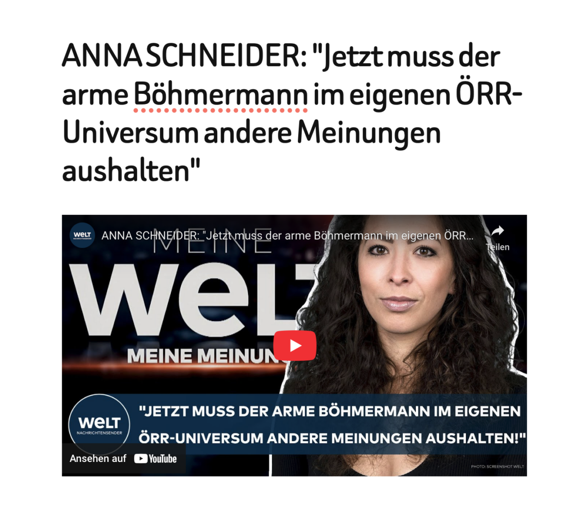 ANNA SCHNEIDER: „Jetzt muss der arme Böhmermann im eigenen ÖRR-Universum andere Meinungen aushalten“