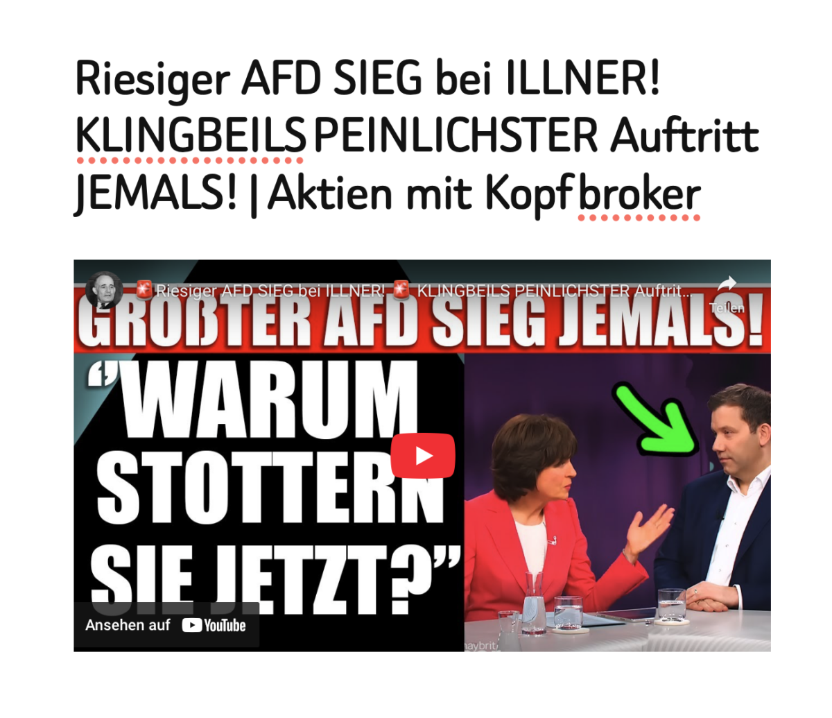 Riesiger  AFD  SIEG  bei  ILLNER!  KLINGBEILS PEINLICHSTER  Auftritt JEMALS! | Aktien  mit  Kopf broker